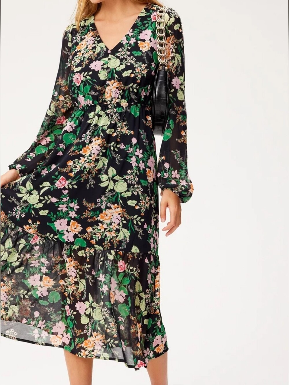 Adore Me Kristen Dress Black Floral Long-Sleeve Midi Ruffle Dress Small